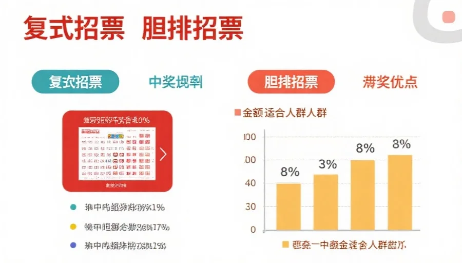 图表对比复式投注和胆拖投注的优缺点,包含中奖概率、投注金额、适合人群等信息